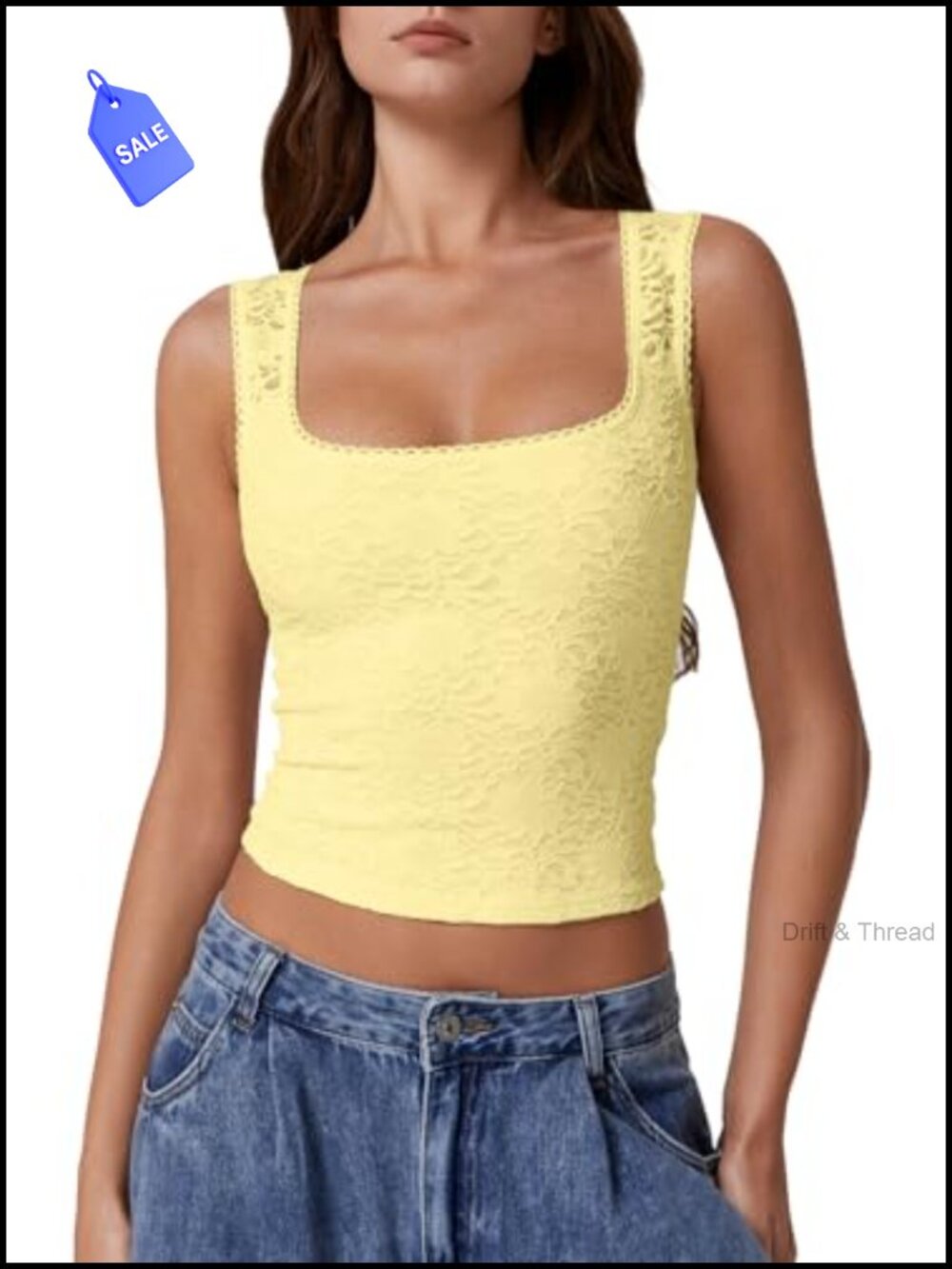 Lace Trim Square Neck Sleeveless Double-Layer Tank Top, Slimming Fit